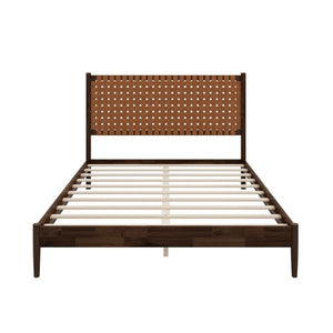 English Elm Solid Acacia Queen Platform Bed Woven Vegan Leather Headboard Mid-Century Frame Dark Brown BS701P519321D