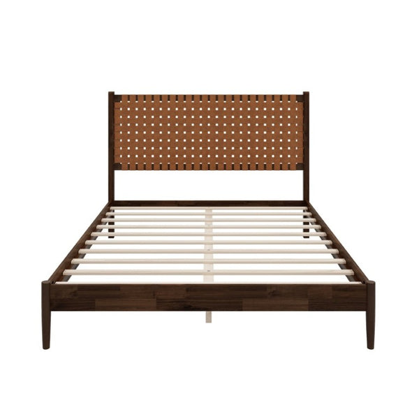 English Elm Solid Acacia Queen Platform Bed Woven Vegan Leather Headboard Mid-Century Frame Dark Brown BS701P519321D