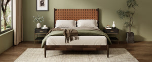 English Elm Solid Acacia Queen Platform Bed Woven Vegan Leather Headboard Mid-Century Frame Dark Brown BS701P519321D