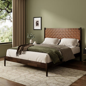 English Elm Solid Acacia Queen Platform Bed Woven Vegan Leather Headboard Mid-Century Frame Dark Brown BS701P519321D