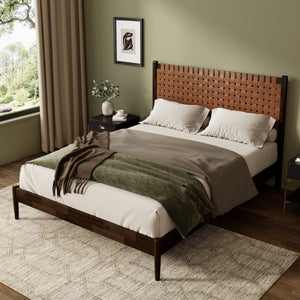 English Elm Solid Acacia Queen Platform Bed Woven Vegan Leather Headboard Mid-Century Frame Dark Brown BS701P519321D