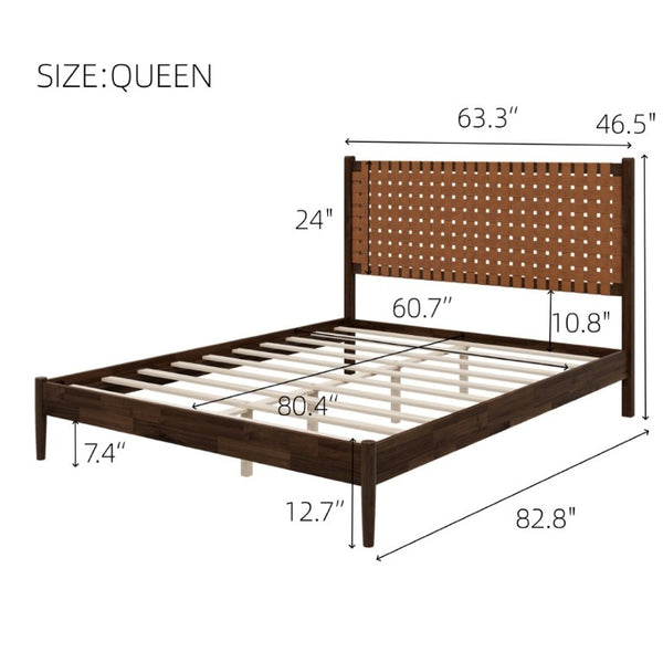 English Elm Solid Acacia Queen Platform Bed Woven Vegan Leather Headboard Mid-Century Frame Dark Brown BS701P519321D