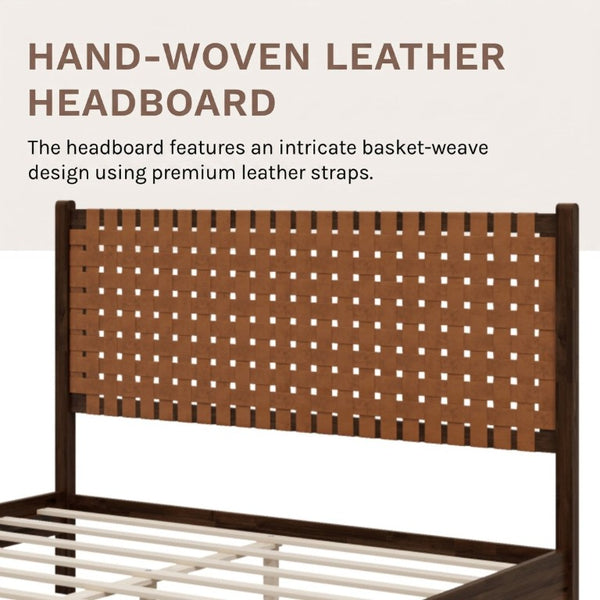 English Elm Solid Acacia Queen Platform Bed Woven Vegan Leather Headboard Mid-Century Frame Dark Brown BS701P519321D