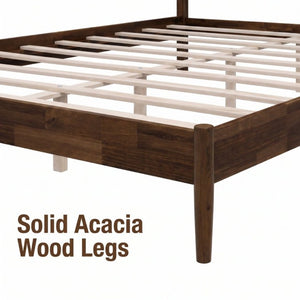 English Elm Solid Acacia Queen Platform Bed Woven Vegan Leather Headboard Mid-Century Frame Dark Brown BS701P519321D