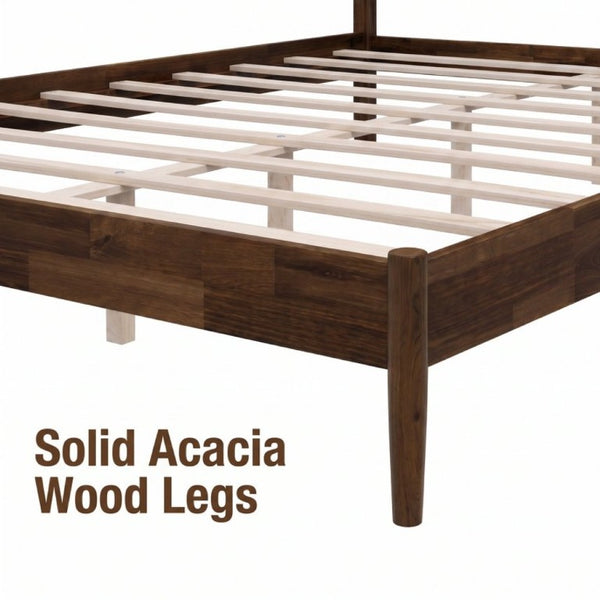 English Elm Solid Acacia Queen Platform Bed Woven Vegan Leather Headboard Mid-Century Frame Dark Brown BS701P519321D