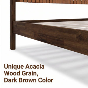 English Elm Solid Acacia Queen Platform Bed Woven Vegan Leather Headboard Mid-Century Frame Dark Brown BS701P519321D