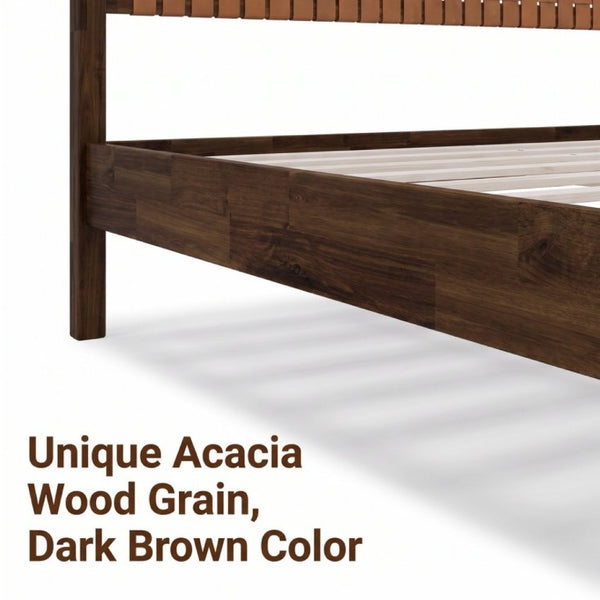 English Elm Solid Acacia Queen Platform Bed Woven Vegan Leather Headboard Mid-Century Frame Dark Brown BS701P519321D