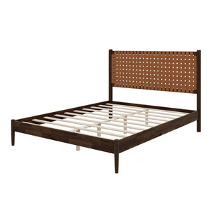 English Elm Solid Acacia Queen Platform Bed Woven Vegan Leather Headboard Mid-Century Frame Dark Brown BS701P519321D