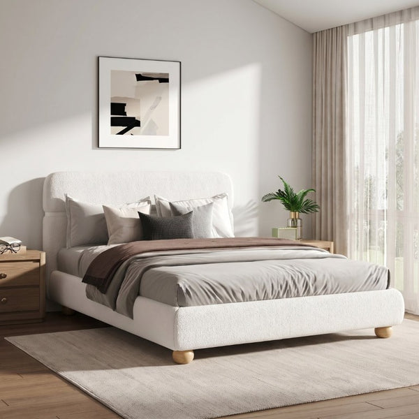 English Elm Contemporary Plush Teddy Fleece Queen Bed with Curved Headboard and Round Wood Legs BS701P534192C