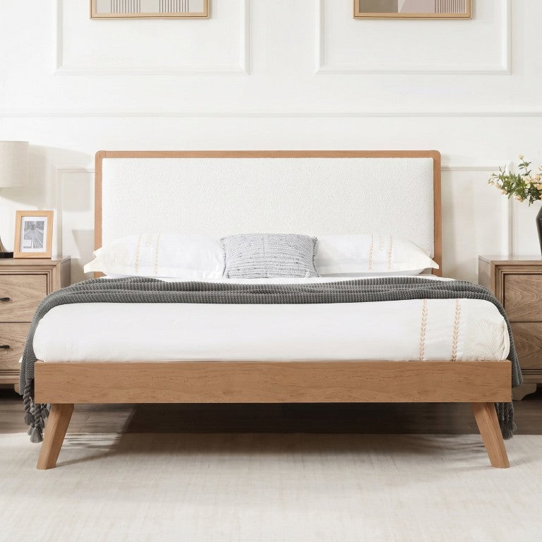 English Elm Mid-Century Queen Platform Bed Boucle Headboard Pinewood Frame Splayed Rubberwood Legs BS701P536886S