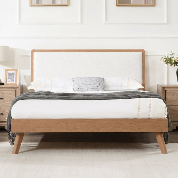English Elm Mid-Century Queen Platform Bed Boucle Headboard Pinewood Frame Splayed Rubberwood Legs BS701P536886S