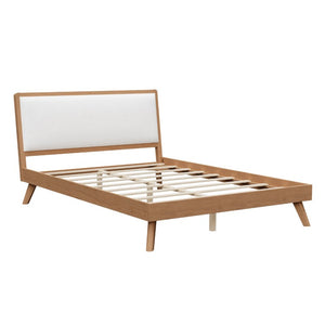 English Elm Mid-Century Queen Platform Bed Boucle Headboard Pinewood Frame Splayed Rubberwood Legs BS701P536886S