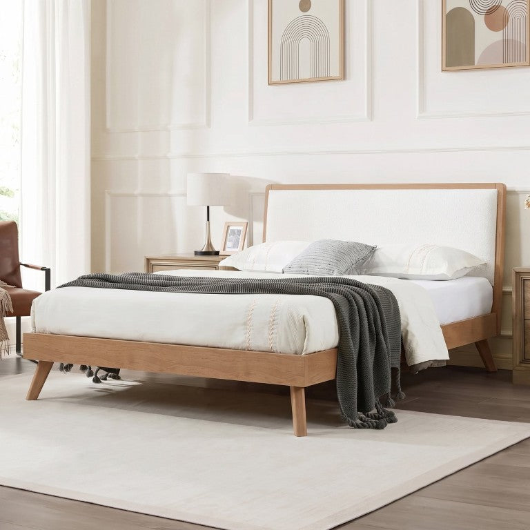 English Elm Mid-Century Queen Platform Bed Boucle Headboard Pinewood Frame Splayed Rubberwood Legs BS701P536886S