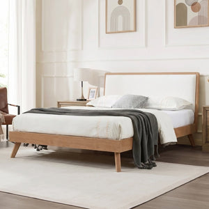English Elm Mid-Century Queen Platform Bed Boucle Headboard Pinewood Frame Splayed Rubberwood Legs BS701P536886S
