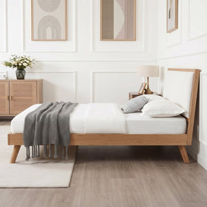 English Elm Mid-Century Queen Platform Bed Boucle Headboard Pinewood Frame Splayed Rubberwood Legs BS701P536886S