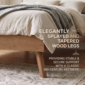 English Elm Mid-Century Queen Platform Bed Boucle Headboard Pinewood Frame Splayed Rubberwood Legs BS701P536886S