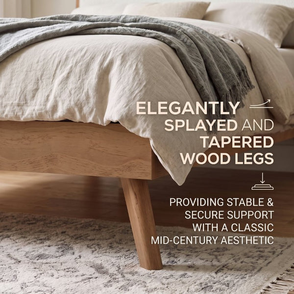 English Elm Mid-Century Queen Platform Bed Boucle Headboard Pinewood Frame Splayed Rubberwood Legs BS701P536886S