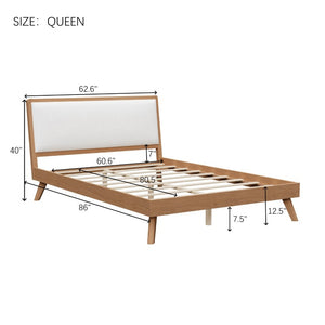 English Elm Mid-Century Queen Platform Bed Boucle Headboard Pinewood Frame Splayed Rubberwood Legs BS701P536886S