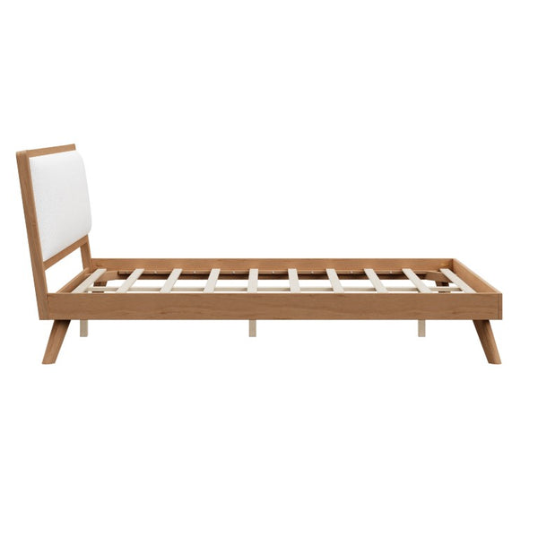 English Elm Mid-Century Queen Platform Bed Boucle Headboard Pinewood Frame Splayed Rubberwood Legs BS701P536886S