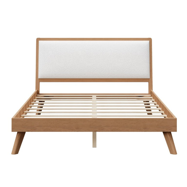 English Elm Mid-Century Queen Platform Bed Boucle Headboard Pinewood Frame Splayed Rubberwood Legs BS701P536886S