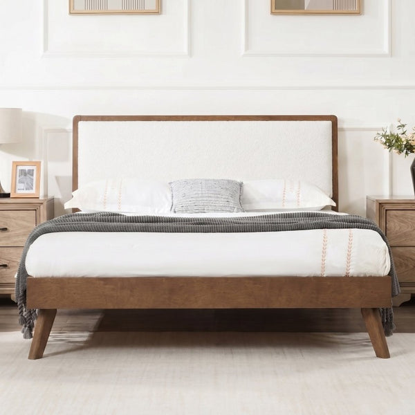 English Elm Mid-Century Queen Platform Bed Boucle Headboard Splayed Rubberwood Legs Walnut Finish BS701P536886W