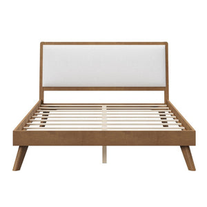 English Elm Mid-Century Queen Platform Bed Boucle Headboard Splayed Rubberwood Legs Walnut Finish BS701P536886W