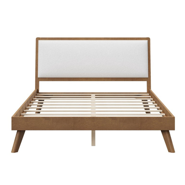 English Elm Mid-Century Queen Platform Bed Boucle Headboard Splayed Rubberwood Legs Walnut Finish BS701P536886W