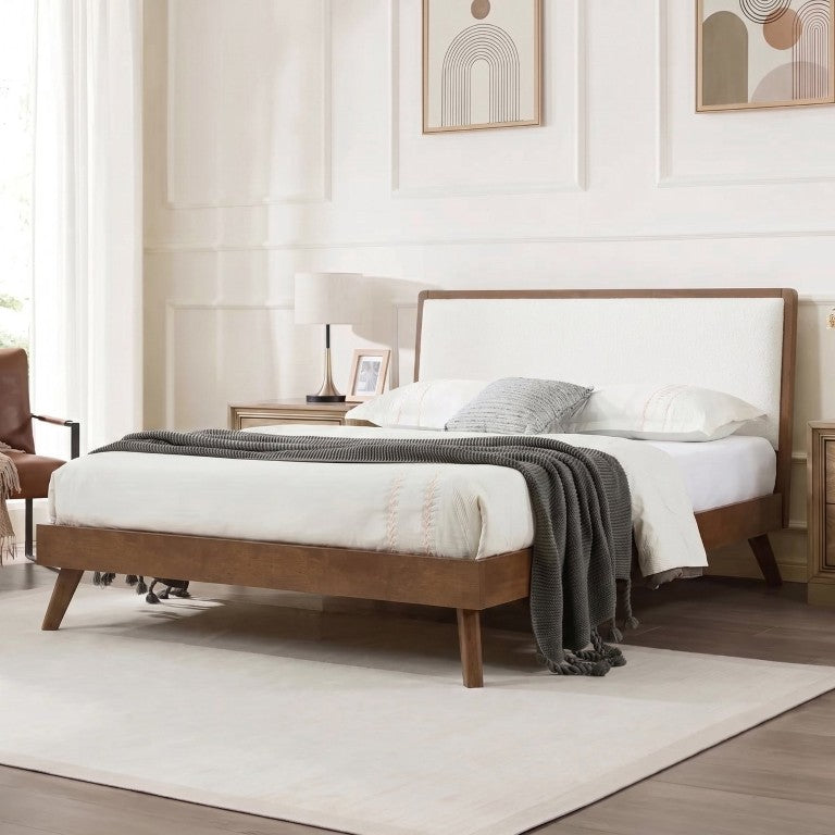 English Elm Mid-Century Queen Platform Bed Boucle Headboard Splayed Rubberwood Legs Walnut Finish BS701P536886W