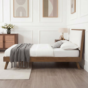 English Elm Mid-Century Queen Platform Bed Boucle Headboard Splayed Rubberwood Legs Walnut Finish BS701P536886W