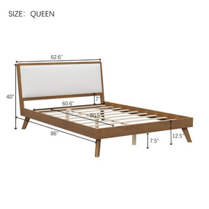 English Elm Mid-Century Queen Platform Bed Boucle Headboard Splayed Rubberwood Legs Walnut Finish BS701P536886W