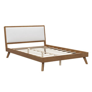 English Elm Mid-Century Queen Platform Bed Boucle Headboard Splayed Rubberwood Legs Walnut Finish BS701P536886W