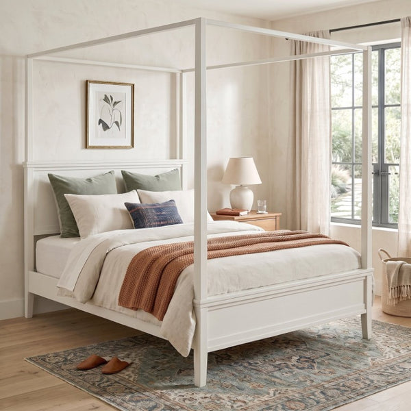 English Elm Mid-Century Queen Canopy Bed Solid Pine Four Poster Frame with Paneled Headboard BS701P544596K