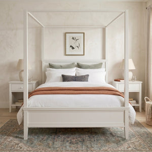 English Elm Mid-Century Queen Canopy Bed Solid Pine Four Poster Frame with Paneled Headboard BS701P544596K