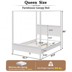 English Elm Mid-Century Queen Canopy Bed Solid Pine Four Poster Frame with Paneled Headboard BS701P544596K