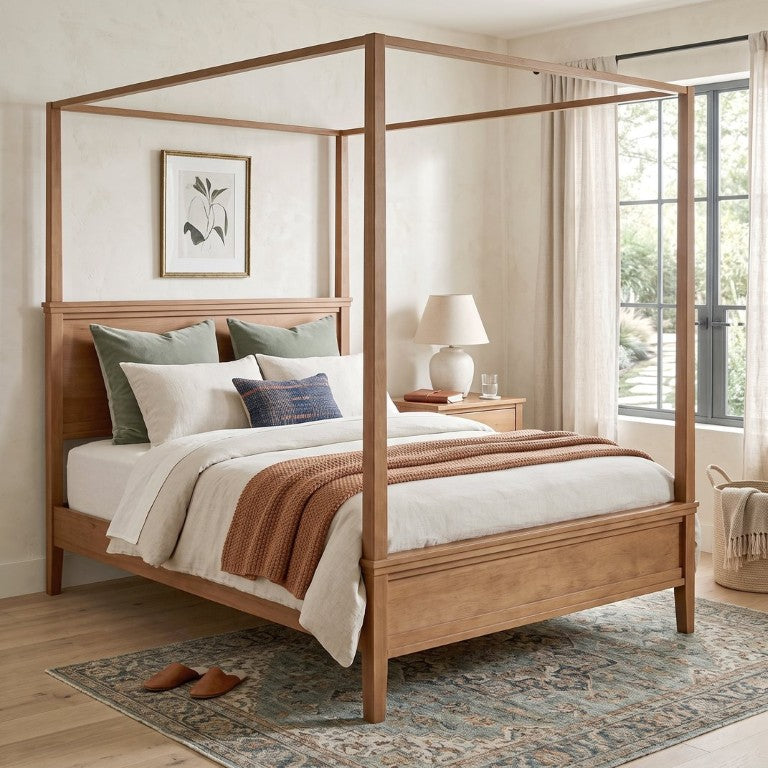 English Elm Mid-Century Queen Canopy Bed Solid Pine Four Poster Frame Seadrift Farmhouse Aesthetic BS701P544596S