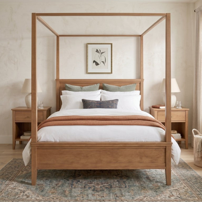 English Elm Mid-Century Queen Canopy Bed Solid Pine Four Poster Frame Seadrift Farmhouse Aesthetic BS701P544596S