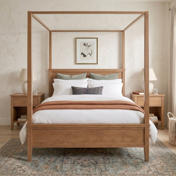 English Elm Mid-Century Queen Canopy Bed Solid Pine Four Poster Frame Seadrift Farmhouse Aesthetic BS701P544596S