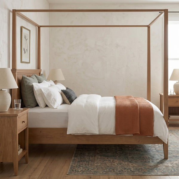 English Elm Mid-Century Queen Canopy Bed Solid Pine Four Poster Frame Seadrift Farmhouse Aesthetic BS701P544596S
