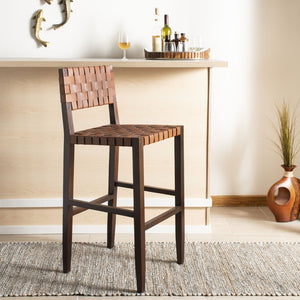 Safavieh Paxton Woven Leather Barstool - Contemporary Mahogany Design For Home Bars & Kitchen Islands, 42.52" H BST1002A