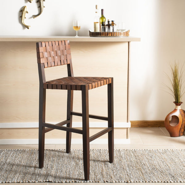 Safavieh Paxton Woven Leather Barstool - Contemporary Mahogany Design For Home Bars & Kitchen Islands, 42.52" H BST1002A