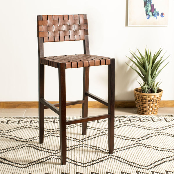 Safavieh Paxton Woven Leather Barstool - Contemporary Mahogany Design For Home Bars & Kitchen Islands, 42.52" H BST1002A
