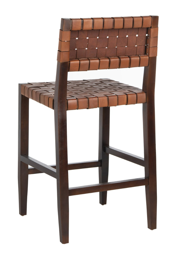 Safavieh Paxton Woven Leather Counter Stool - Elegant Cognac Seat & Walnut-Finished Mahogany Frame For Style BST1003A