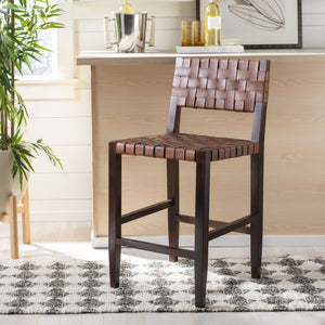 Safavieh Paxton Woven Leather Counter Stool - Elegant Cognac Seat & Walnut-Finished Mahogany Frame For Style BST1003A