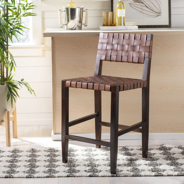 Safavieh Paxton Woven Leather Counter Stool - Elegant Cognac Seat & Walnut-Finished Mahogany Frame For Style BST1003A