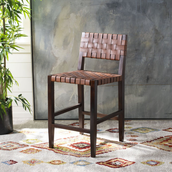 Safavieh Paxton Woven Leather Counter Stool - Elegant Cognac Seat & Walnut-Finished Mahogany Frame For Style BST1003A