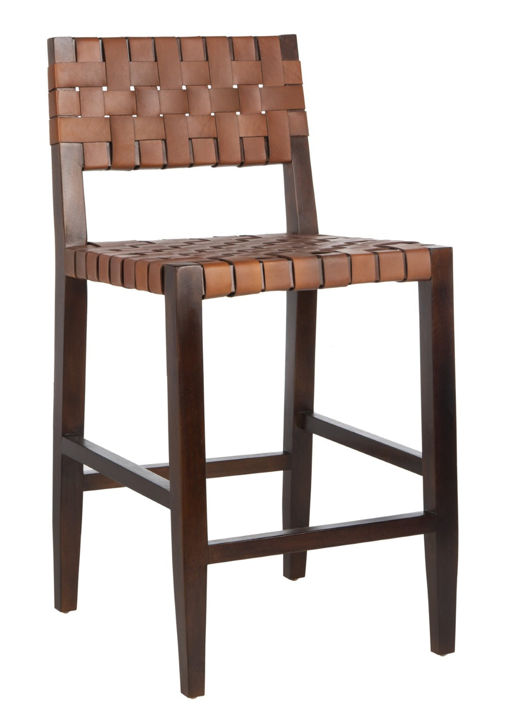 Safavieh Paxton Woven Leather Counter Stool - Elegant Cognac Seat & Walnut-Finished Mahogany Frame For Style BST1003A