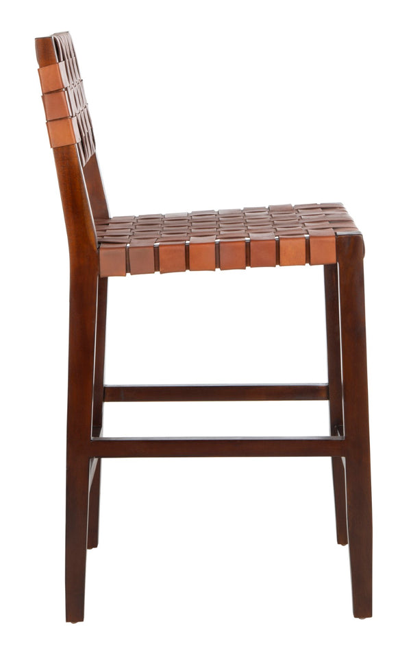 Safavieh Paxton Woven Leather Counter Stool - Elegant Cognac Seat & Walnut-Finished Mahogany Frame For Style BST1003A