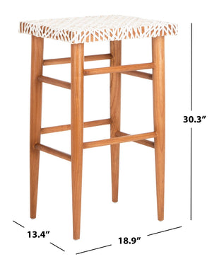 Safavieh Kaleo Woven Leather Barstool - Artisanal Design Meets Comfort For Modern And Rustic Interiors White / Natural Mindi Wood BST1004A