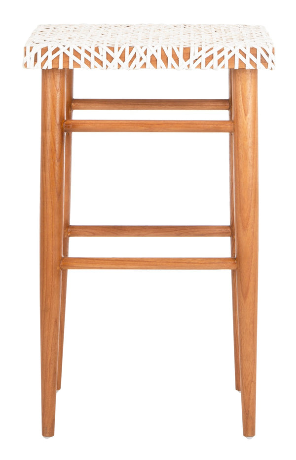 Safavieh Kaleo Woven Leather Barstool - Artisanal Design Meets Comfort For Modern And Rustic Interiors White / Natural Mindi Wood BST1004A