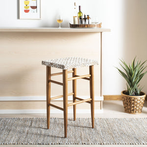 Safavieh Kaleo Woven Leather Barstool - Artisanal Design Meets Comfort For Modern And Rustic Interiors White / Natural Mindi Wood BST1004A